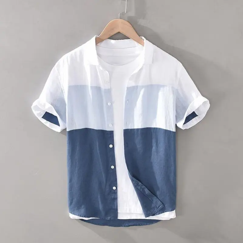 Womens White (, L) "1728 Mens Breathable Loose-Fit Linen Square Collar Short Sleeve Shirt"