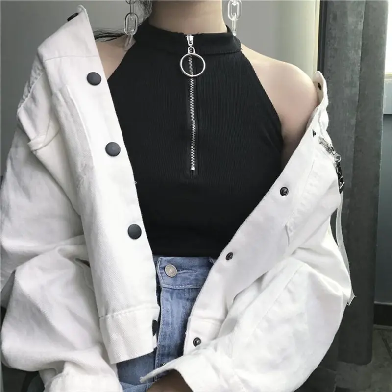 Womens Black (, Xl) Hong Kong Style Retro Zipper High Collar Slim Fit Vest Camisole Top