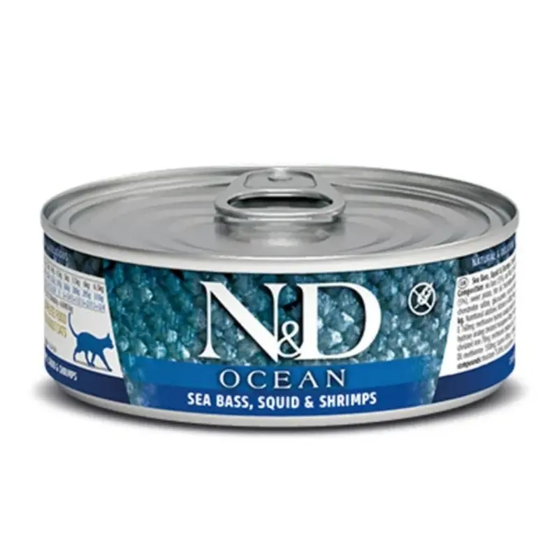 Farmina N&D Ocean Wet Cat Food  Sea Bass, Squid & Shrimp Stew, Grain Free, 2.5oz