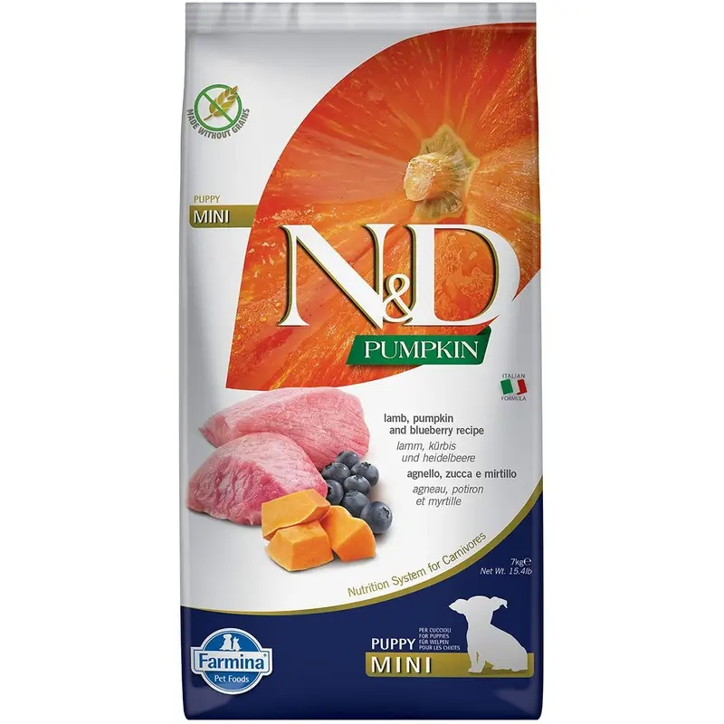 Farmina N&D Pumpkin Grain-Free Puppy Dry Dog Food - Lamb & Blueberry, Mini Kibble - 15.4lb
