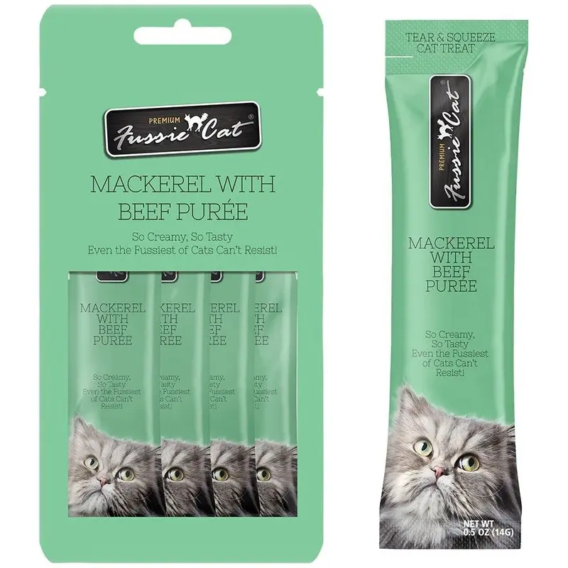 Fussie Cat Mackerel Beef Puree Lickable Cat Treats 4 Pk