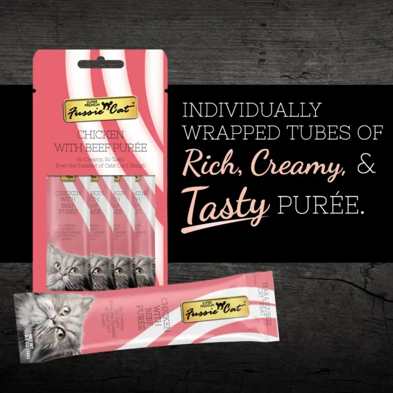 Fussie Cat Chicken with Beef Puree Lickable Cat Treats 4 Pk