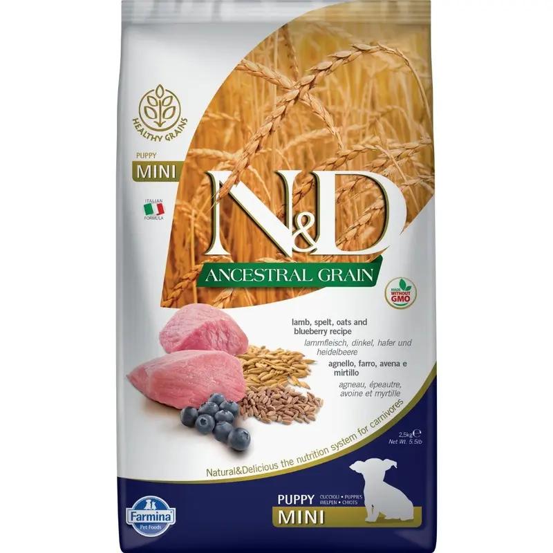 Farmina N&D Ancestral Grain Puppy Dry Dog Food - Lamb & Blueberry, Mini Kibble - 5.5lb