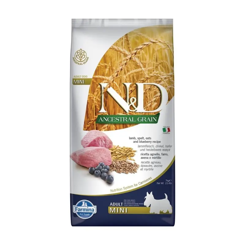 Farmina N&D Ancestral Grain Dry Dog Food - Blueberry & Lamb Mini Kibble - 15.4lb