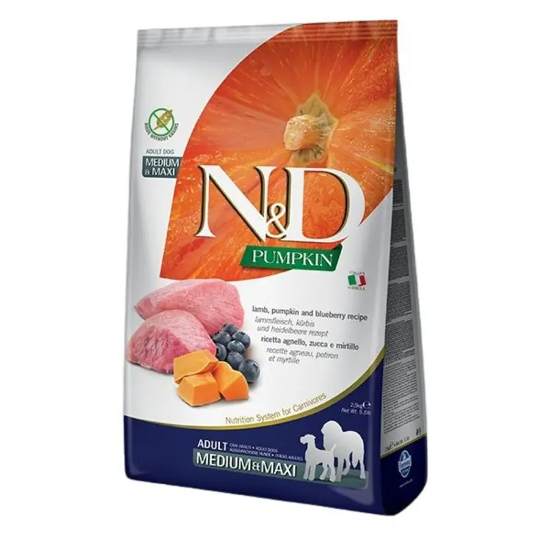 Farmina N&D Pumpkin Grain-Free Dry Dog Food - Lamb & Blueberry, Medium/Maxi Kibble - 5.5lb