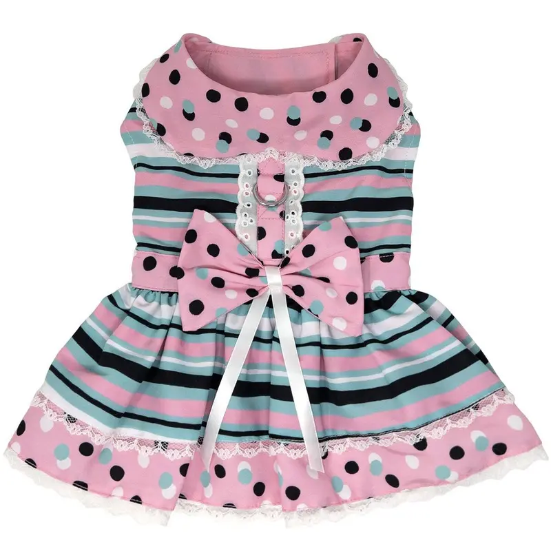 Dots & Stripes Harness Dog Dress With Matching Leash