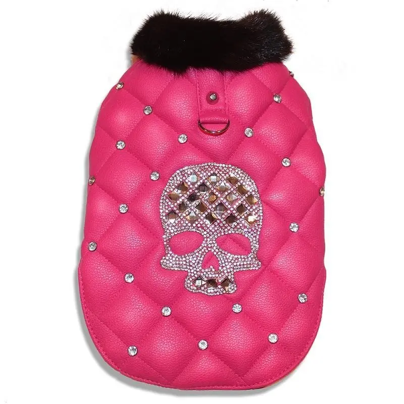 Winter Sugar Skull Pink Faux Leather Dog Coat
