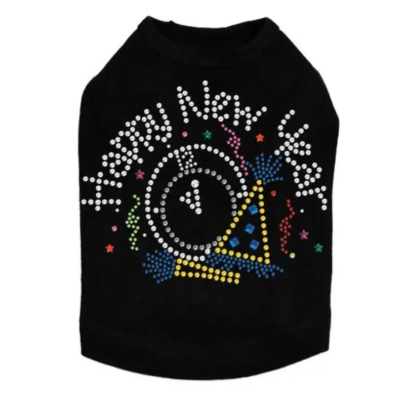 Happy New Year Clock Rhinestone Dog Tank