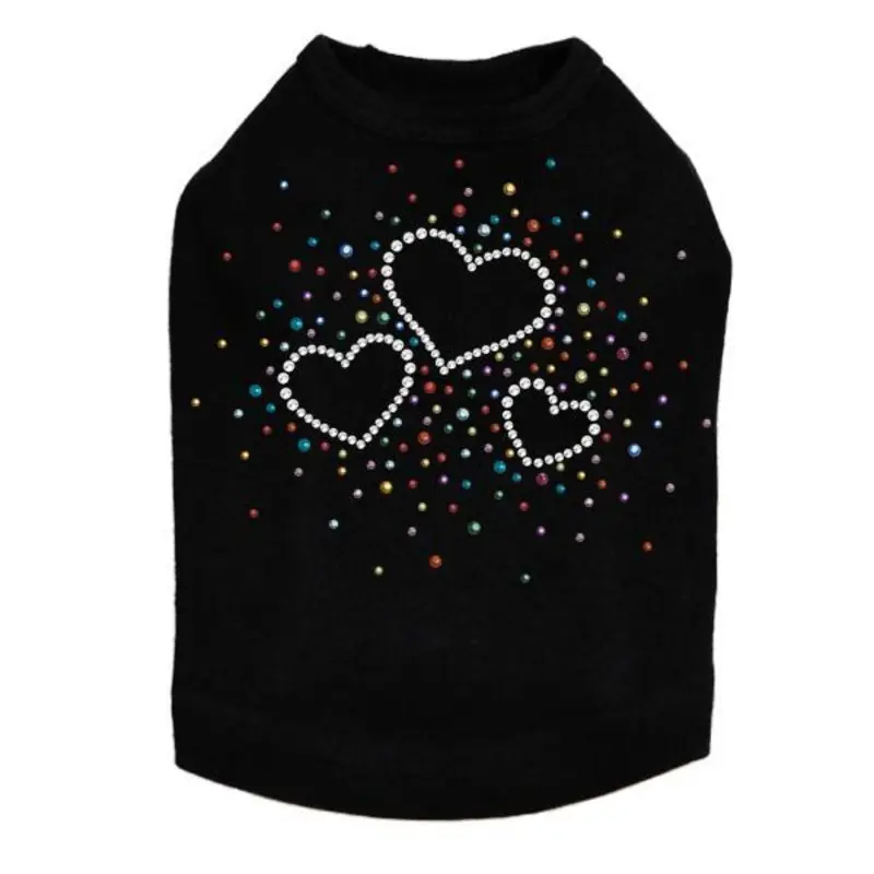 Three Hearts With Multicolored Studs Rhinestone Dog Tank