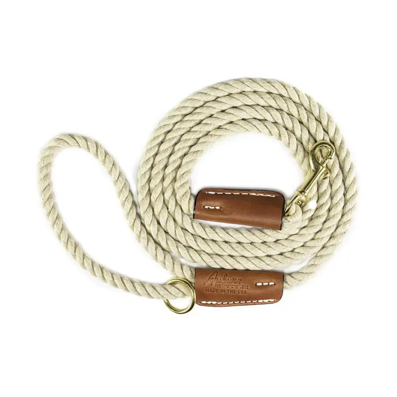 Cotton Rope 1/2" Dog Leash Tan With Leather Accents