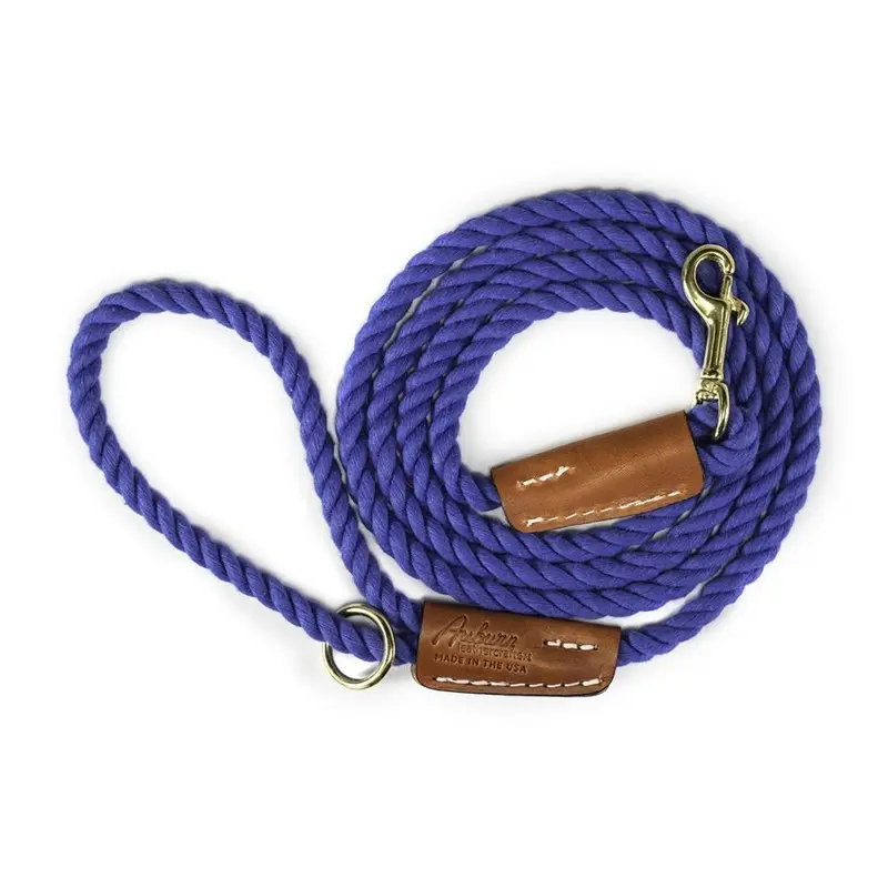 Cotton Rope 3/8" Dog Leash Nautical Blue With Leather Accents