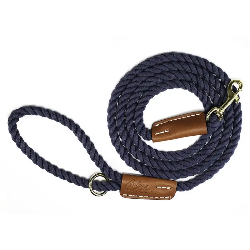 Cotton Rope 5/8" Dog Leash Navy Blue With Leather Accents
