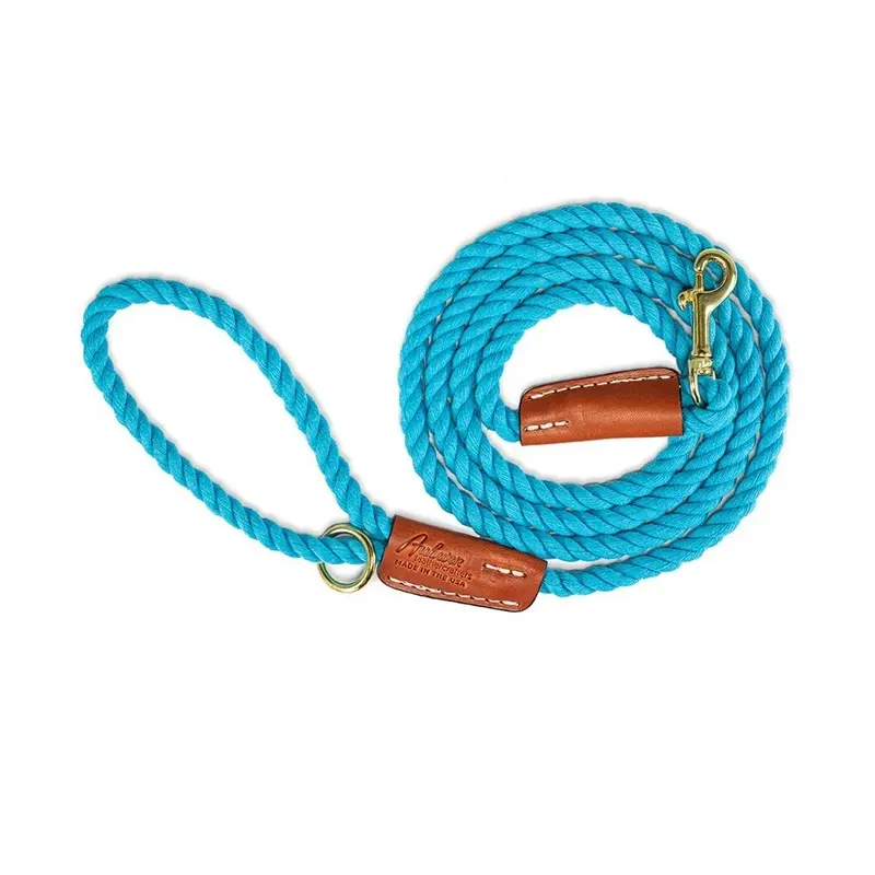 Cotton Rope 5/8" Dog Leash Turquoise With Leather Accents