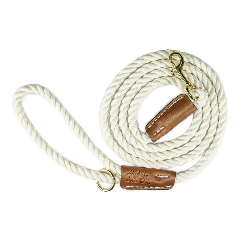 Cotton Rope 5/8" Dog Leash White With Leather Accents