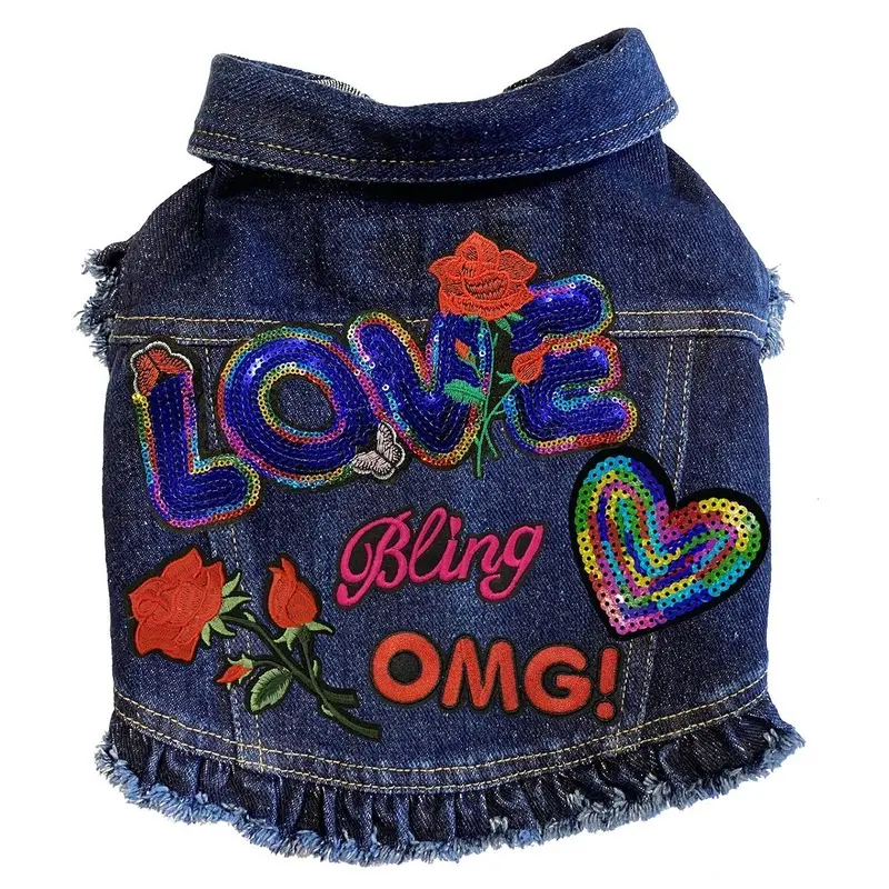 Custom Love Bling Denim Dog Jacket With Ruffles