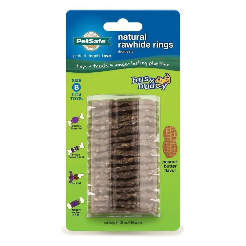 Busy Buddy Natural Rawhide Rings Peanut Butter LG Size C