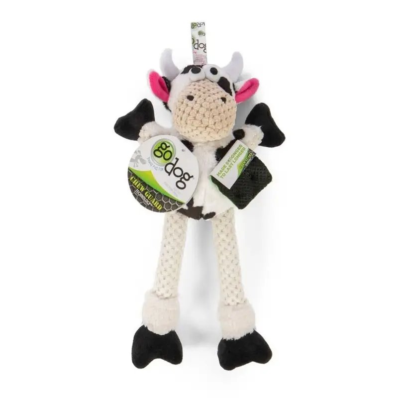 goDog Checkers Skinny Durable Plush Dog Toy Cow SM