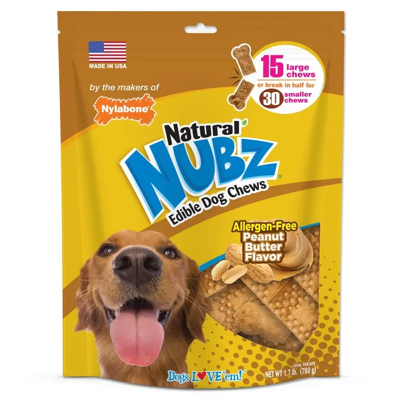 Nylabone Natural Nubz Dog Treats, Allergen-Free Peanut Butter Large - 30+ lbs. (15 Count)