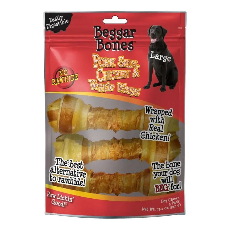 Savory Prime Beggar Bones Pork Skin, Chicken & Veggie Wraps Dog Treats LG 3 pk