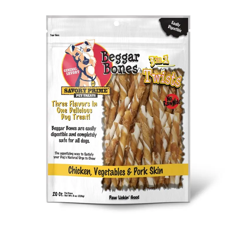 Savory Prime Beggar Bone 3in1 Twists Dog Treat Chicken, Vegetable & Pork 20ct
