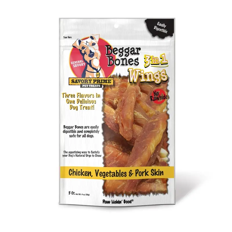 Savory Prime Beggar Bone 3in1 Wings Dog Treat Chicken, Vegetable & Pork 5ct