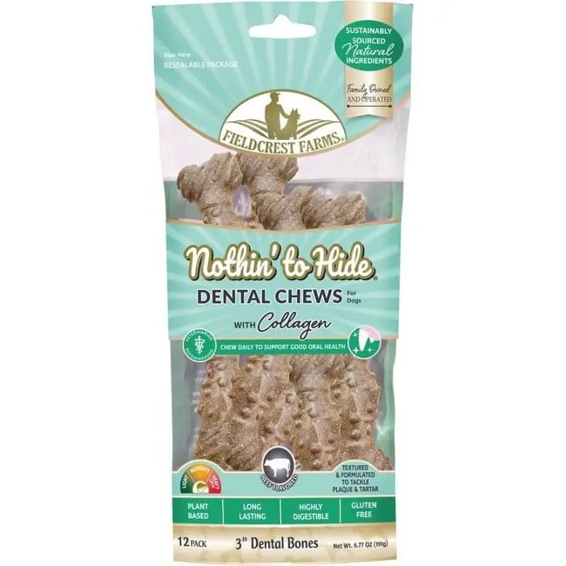 Fieldcrest Farms Nothin' to Hide Dental Bone Collagen Dog Chew Beef 3in 12pk