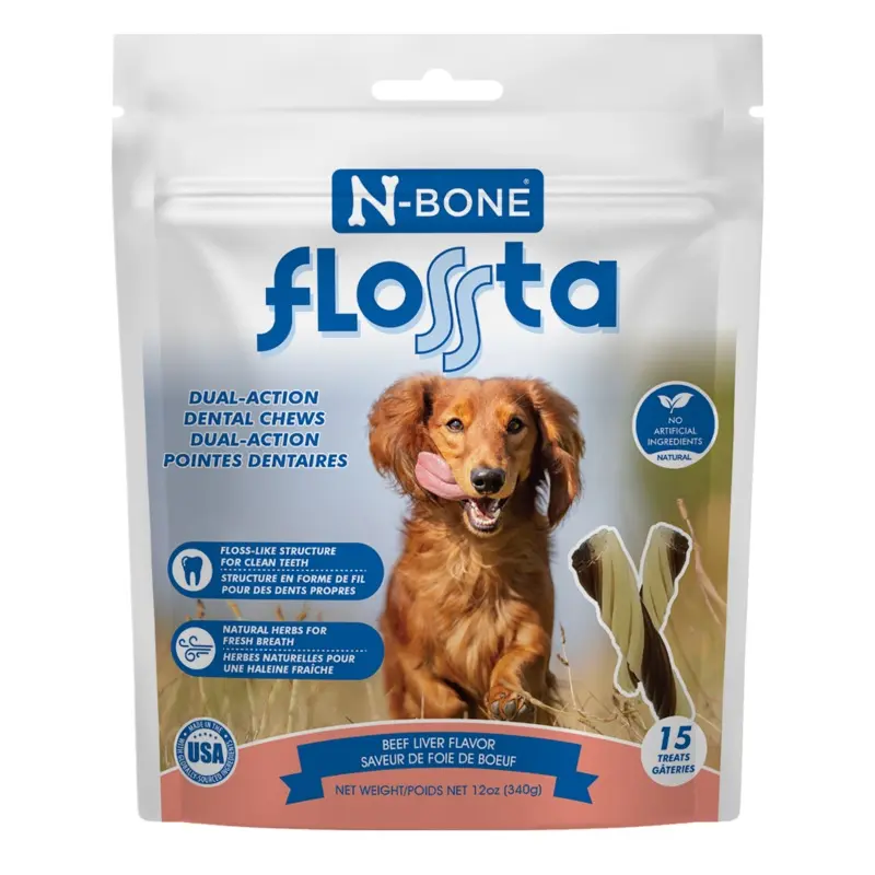 N-Bone Flossta Dual Action Dog Dental Chew Beef Liver 15ct 12oz