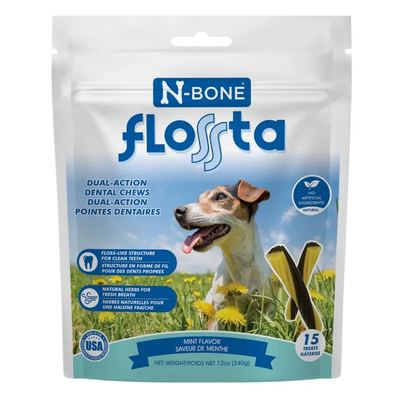N-Bone Flossta Dual Action Dog Dental Chew Mint 15ct 12oz